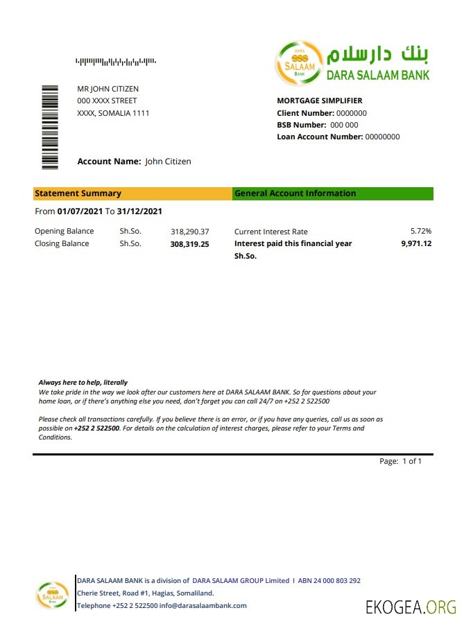 Somalie Dara Salaam Bank excel pdf